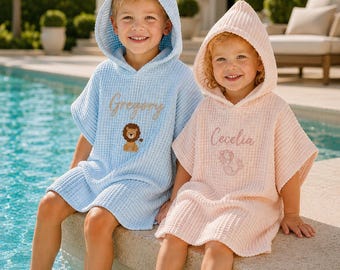 Personalized Kids Waffle Cotton Hooded Beach Poncho, Custom Name Swim Towel