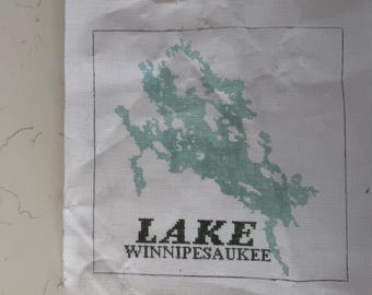 Lake Winnipesaukee Map Needlepoint Canvas, Handpainted, 18ct mesh, 11x11in