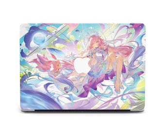 May include: Laptop skin featuring a colorful anime-style illustration. The design showcases a female character with pink hair and a flowing dress, set against a backdrop of swirling blues, purples, and yellows. The Apple logo is visible.