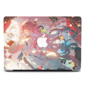 May include: A laptop skin featuring a vibrant anime-style illustration of a character with long pink hair, surrounded by festive decorations, stars, and soft lighting. The design incorporates a central white Apple logo cutout on a rectangular surface.