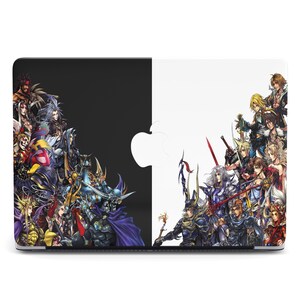 Könnte beinhalten: Laptop-Skin mit geteiltem Design in Schwarz und Weiß. Die schwarze Seite zeigt Fantasy-Charaktere, die weiße Seite eine weitere Gruppe. Das Apple-Logo ist sichtbar.