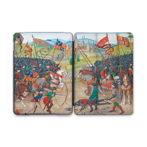 May include: A medieval battle scene depicted in a colorful illustration.  Armored knights on horseback charge into battle, while archers fire arrows from the sidelines.  The scene is set against a backdrop of a fortified city and a lush green field.