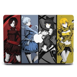 May include: A laptop skin featuring four anime characters with different colored hair and outfits. The characters are posed in action poses. The background is a mix of gray, black, and white.