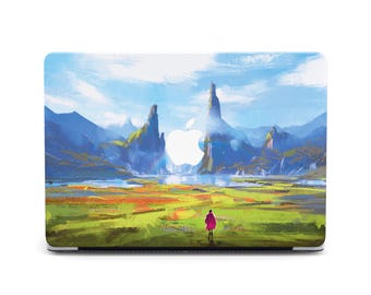 May include: Laptop skin featuring a landscape painting with a person in a pink cloak walking towards a mountain range. The artwork has a vibrant color palette of blues, greens, and oranges, with the Apple logo visible.