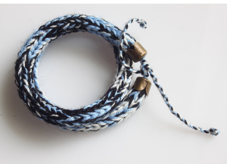 Knitted Wool Bracelet Blue Black Bracelet Yarn Knitted Etsy