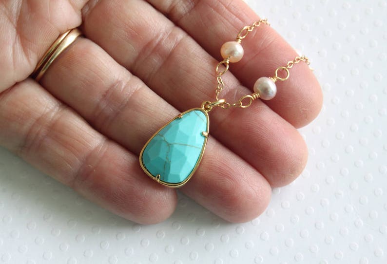 Turquoise Pearl Necklace Wire Wrapped Necklace Gemstone Etsy