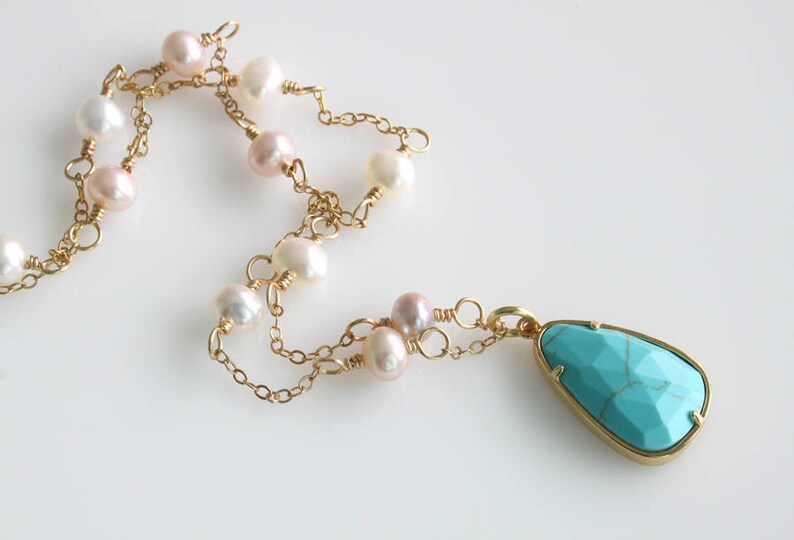 Turquoise Pearl Necklace Wire Wrapped Gemstone Image 0