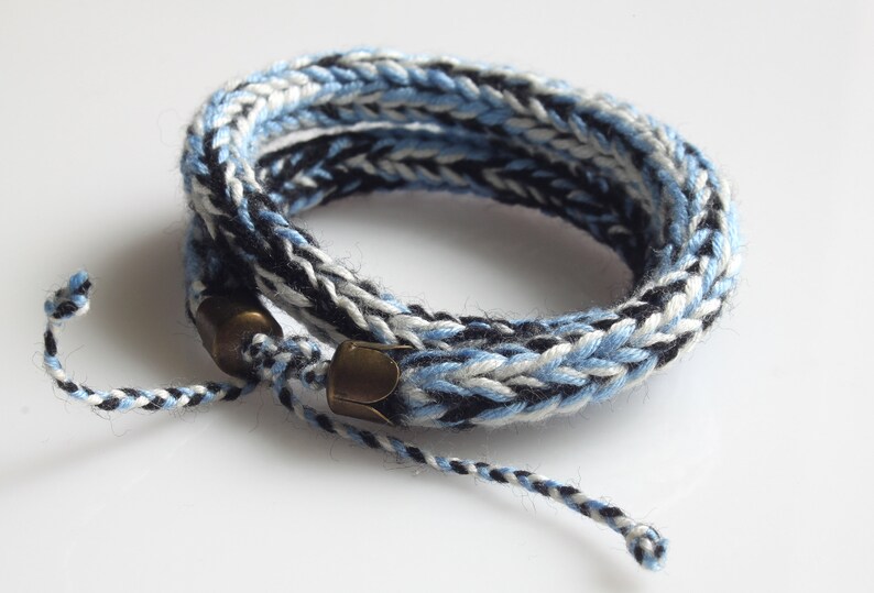 Knitted Wool Bracelet Blue Black Bracelet Yarn Knitted Etsy