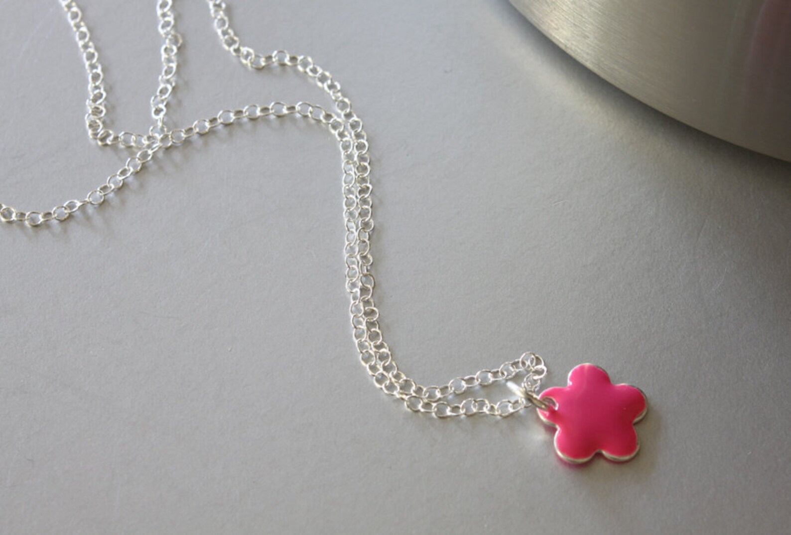 Enamel Flower Necklace Simple Necklace Pink Enamel Flower Etsy