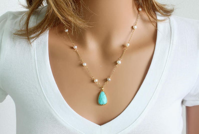 Turquoise Pearl Necklace Wire Wrapped Necklace Gemstone Etsy
