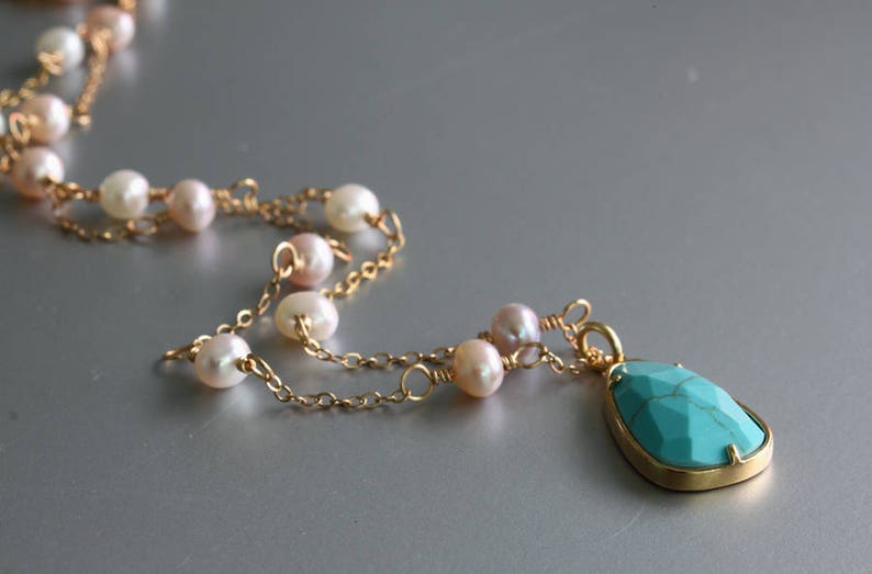 Turquoise Pearl Necklace Wire Wrapped Necklace Gemstone Etsy
