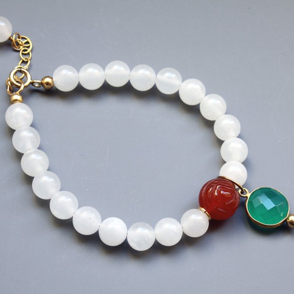 White Jade Bracelet, Carnelian Bracelet, Charm Bracelet, Gemstone Bracelet,  Charm Bracelet, Beaded Bracelet