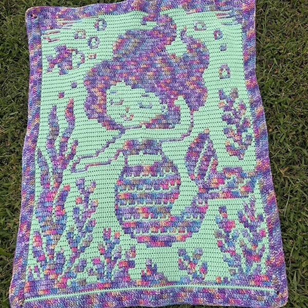 Manta de bebé de crochet con diseño de sirena y salpicadura de mosaico superpuesto (SOLO PATRÓN)