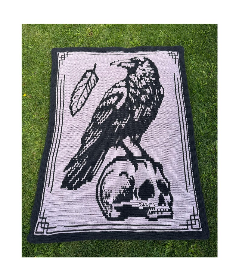 May include: A crocheted blanket featuring a black raven perched atop a skull, with a feather to the left. The design is on a light purple background with a black border. The blanket is displayed on green grass.