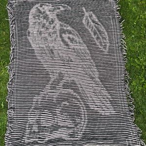 May include: Black and white woven throw blanket with a graphic owl design. The blanket features horizontal stripes and fringed edges. The owl design is created with white lines against a black background.