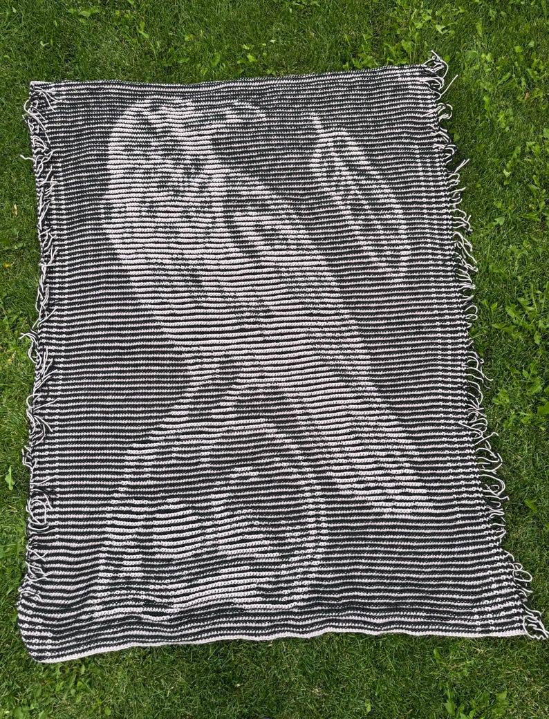 May include: Black and white woven throw blanket with a graphic owl design. The blanket features horizontal stripes and fringed edges. The owl design is created with white lines against a black background.