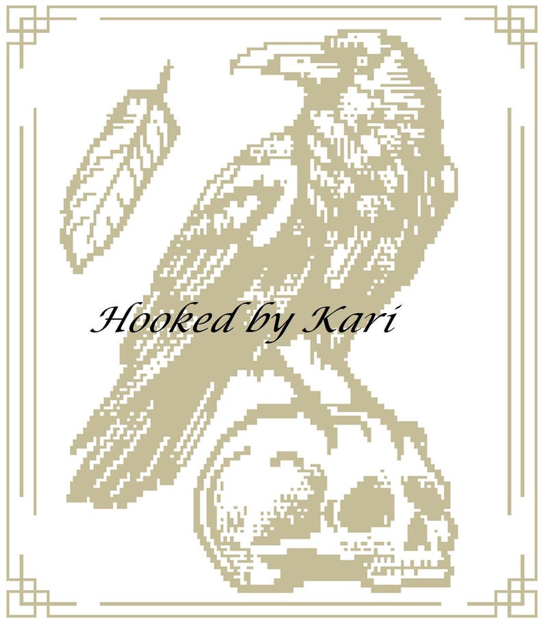 May include: A digital illustration of a raven perched on a skull, with a feather to the left. The raven and skull are in a pixelated style, in shades of tan and brown, set against a white background. The text "Hooked by Kari" is below the feather.