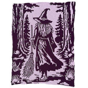 Puede incluir: Un tapiz tejido rectangular con un diseño gráfico en color morado oscuro y lavanda claro. La imagen muestra una figura con sombrero puntiagudo y túnica larga, sosteniendo una escoba mientras camina por un sendero en un bosque de árboles altos.