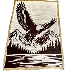 Puede incluir: Una manta de ganchillo con un diseño marrón y blanco de un águila calva volando sobre una cordillera y una masa de agua. La manta tiene un borde beige.