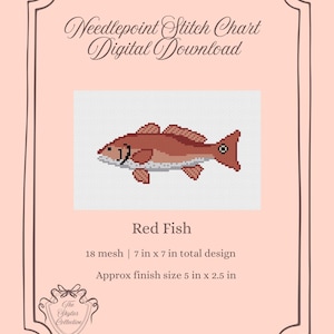 May include: A digital download needlepoint stitch chart featuring a red fish design. The design is 7 inches by 7 inches, with an approximate finish size of 5 inches by 2.5 inches. The text "Red Fish" is displayed below the image, with the text "Needlepoint Stitch Chart Digital Download" at the top.