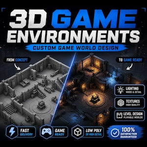 Könnte beinhalten: Werbung für 3D-Spielumgebungen. Das Bild zeigt zwei detaillierte Spielumgebungsdesigns, eines in Graustufen und das andere mit Beleuchtung. Der Text enthält "3D GAME ENVIRONMENTS" und "CUSTOM GAME WORLD DESIGN". Zusätzliche Symbole heben Funktionen wie Beleuchtung, Texturen und Level-Design hervor.