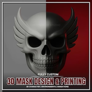 May include: A 3D-rendered mask design, split vertically into white and black halves. The mask is a stylized skull with wing-like features. Text includes "CUSTOM NEST STUDIO", "FULLY CUSTOM", and "3D MASK DESIGN & PRINTING".