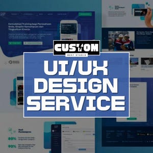 Pode incluir: Um anúncio de design digital com um esquema de cores azul e branco. O texto central diz "UI/UX DESIGN SERVICE" em letras brancas em negrito. O logotipo "CUSTOM NEST STUDIO" está no topo. Vários mockups de sites são exibidos no fundo.
