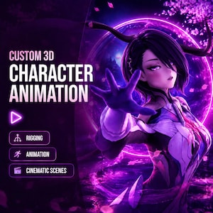 May include: A digital graphic featuring the text CUSTOM 3D CHARACTER ANIMATION, RIGGING, ANIMATION, and CINEMATIC SCENES. An anime-style character with short dark hair and purple eyes reaches forward against a glowing purple circular background.