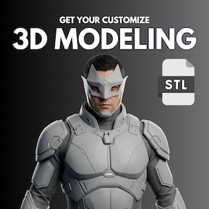 May include: A digitally rendered image featuring a person in a futuristic, gray armored suit and mask. The text "GET YOUR CUSTOMIZE 3D MODELING" is displayed above the person. A file icon labeled "STL" is also present.