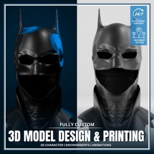 May include: A black Batman cowl with pointed ears, displayed in two views. The image also includes the text "FULLY CUSTOM 3D MODEL DESIGN & PRINTING" and icons for customer support and shipping options.