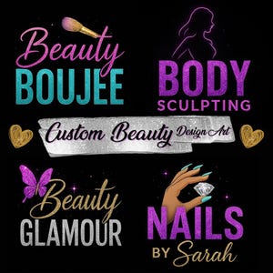 Logo de marque beauté personnalisé, bannières pailletées, motifs métalliques pour salon, personnalisation de spa, logo pour studio de maquillage de manucure, cartes de visite