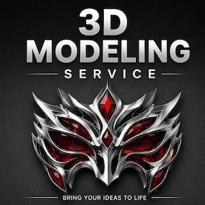 Op de afbeelding: Een afbeelding met de tekst 3D MODELING SERVICE en BRING YOUR IDEAS TO LIFE. Onder de tekst staat een symmetrisch, metaalzilverkleurig maskerachtig object met scherpe, puntige randen en meerdere ingebedde, dieprode edelsteenaccenten.
