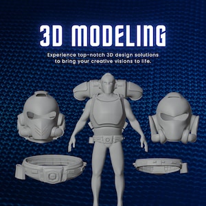 May include: A 3D rendering of a futuristic figure and its components, including a helmet, belt, and backpack. The figure is gray, with the words "3D MODELING" in white at the top, and the text "Experience top-notch 3D design solutions to bring your creative visions to life."