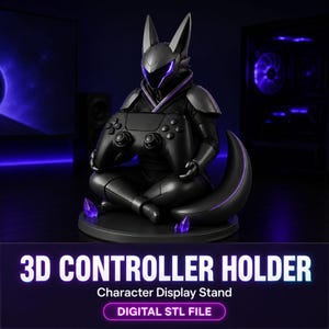 May include: A black controller holder featuring a stylized anthropomorphic character with pointed ears and a visor, sitting in a cross-legged position while holding a game controller. The base includes small purple crystals and text reading 3D CONTROLLER HOLDER Character Display Stand DIGITAL STL FILE.