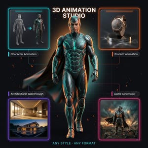 Könnte beinhalten: Werbegrafik für ein 3D-Animationsstudio. Das Bild zeigt eine futuristische Figur, eine Uhr sowie Beispiele für Architektur und Spielkinematik. Der Text enthält "3D ANIMATION STUDIO", "Character Animation", "Product Animation", "Architectural Walkthrough", "Game Cinematic" und "ANY STYLE ANY FORMAT".