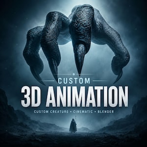 May include: A dark, textured creature claw looms over a small hooded figure in a desolate landscape. The text reads: CUSTOM 3D ANIMATION, CUSTOM CREATURE, CINEMATIC, BLENDER. The scene is rendered in deep blue tones with a dramatic, moody atmosphere.