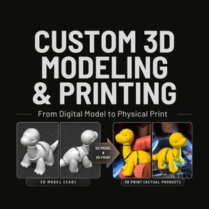 May include: A graphic display titled CUSTOM 3D MODELING & PRINTING From Digital Model to Physical Print. It shows two white digital CAD dinosaur models and two yellow 3D printed dinosaur figures, illustrating the transition from digital to physical.