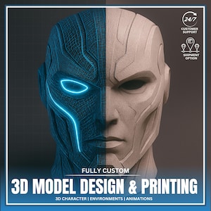 Puede incluir: Imagen de un diseño de modelo 3D dividido, mitad azul con líneas brillantes, la otra mitad beige. El texto dice "3D MODEL DESIGN & PRINTING" con "3D CHARACTER | ENVIRONMENTS | ANIMATIONS". Incluye iconos de soporte al cliente y opción de envío.