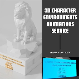 May include: A white, geometric lion statue sits atop a white pedestal with gold text and a logo. The image includes text that reads "3D CHARACTER ENVIRONMENTS ANIMATIONS SERVICE" and "INBOX YOUR IDEA."