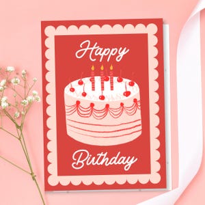Tarjeta de cumpleaños con forma de pastel vintage: linda tarjeta de cumpleaños imprimible, descarga instantánea, descarga digital de feliz cumpleaños, saludos de cumpleaños