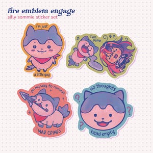 May include: Set of five stickers featuring a cartoon dog with different expressions and text. The stickers are on a white background with pink polka dots. The text on the stickers includes "I'm just a little guy", "On my way to commit war crimes", "No thoughts head empty", "Two mimir..." and "Z 1/2 2".