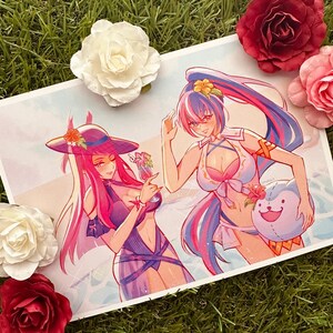 May include: An illustration featuring two anime-style characters in swimwear, one holding a cocktail and the other a plushie. The artwork is set against a backdrop of water and is surrounded by white, pink, and red roses.