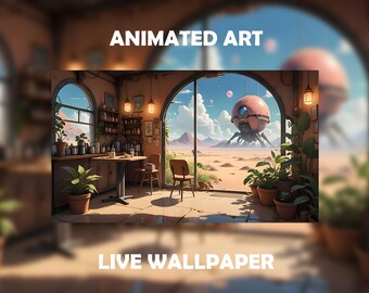 May include: Animated art live wallpaper featuring a desert scene with a pink and blue spaceship in the distance, viewed from a window in a room with a bar and plants.