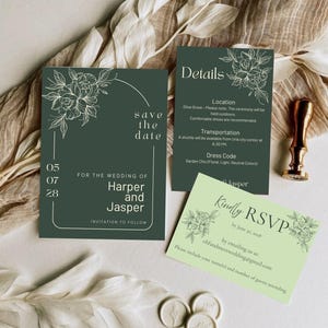 Sage Green Wedding Invitation Set – Editable Canva Template – Boho Wedding Invite, RSVP & Details Card