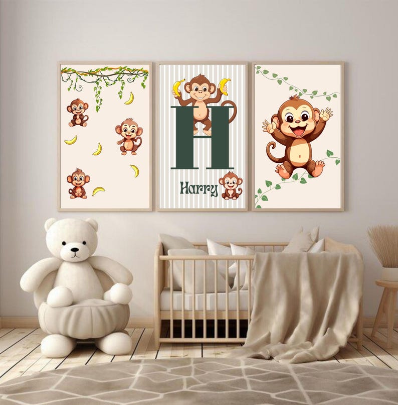 Personalized Monkey Nursery Art Set – Jungle Animals Name Print ...
