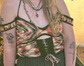Rose Garden Renaissance Fair Inspired Top Fairy Off Shoulder Crochet Handmade Pink and Green