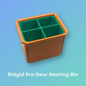May include: An orange plastic nesting bin with four green compartments. Ridgid Pro Gear Nesting Bin.