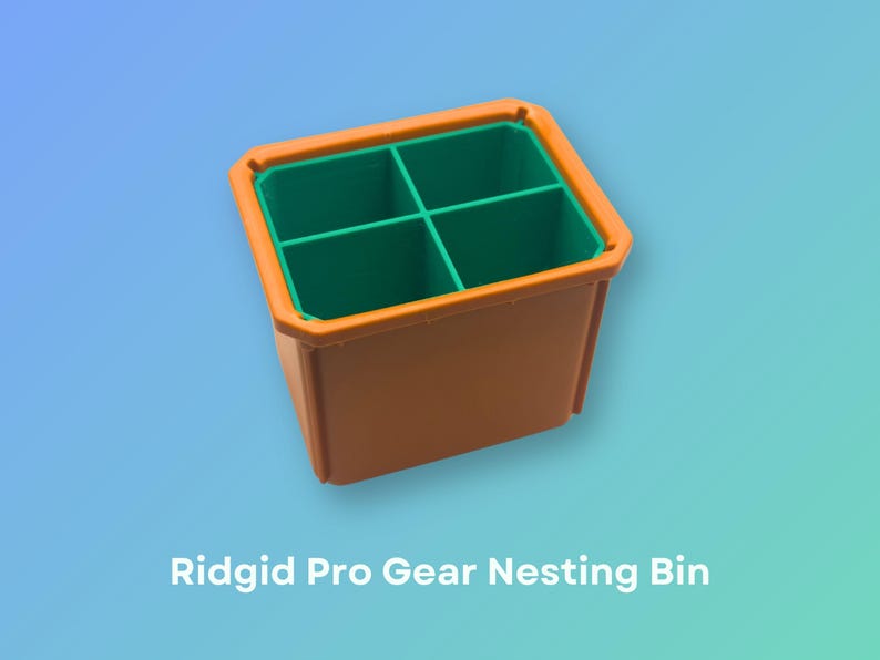 May include: An orange plastic nesting bin with four green compartments. Ridgid Pro Gear Nesting Bin.