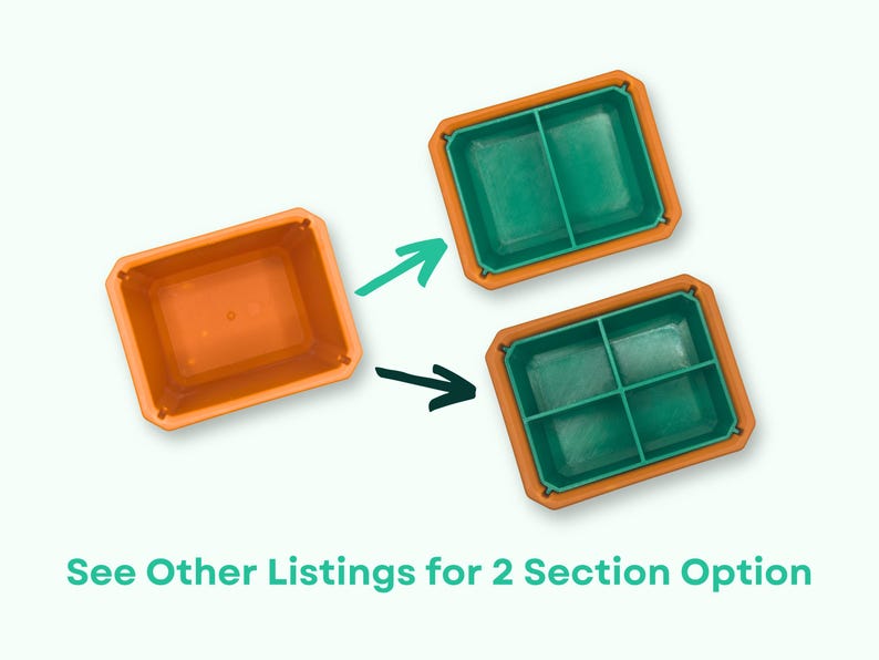 May include: Two orange plastic containers with lids. One container has a single compartment, while the other has two compartments. The containers are shown side-by-side with arrows pointing to each other. The text "See Other Listings for 2 Section Option" is at the bottom of the image.