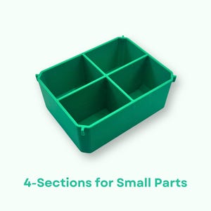 May include: A green plastic storage container with four sections. The container is designed to hold small parts.